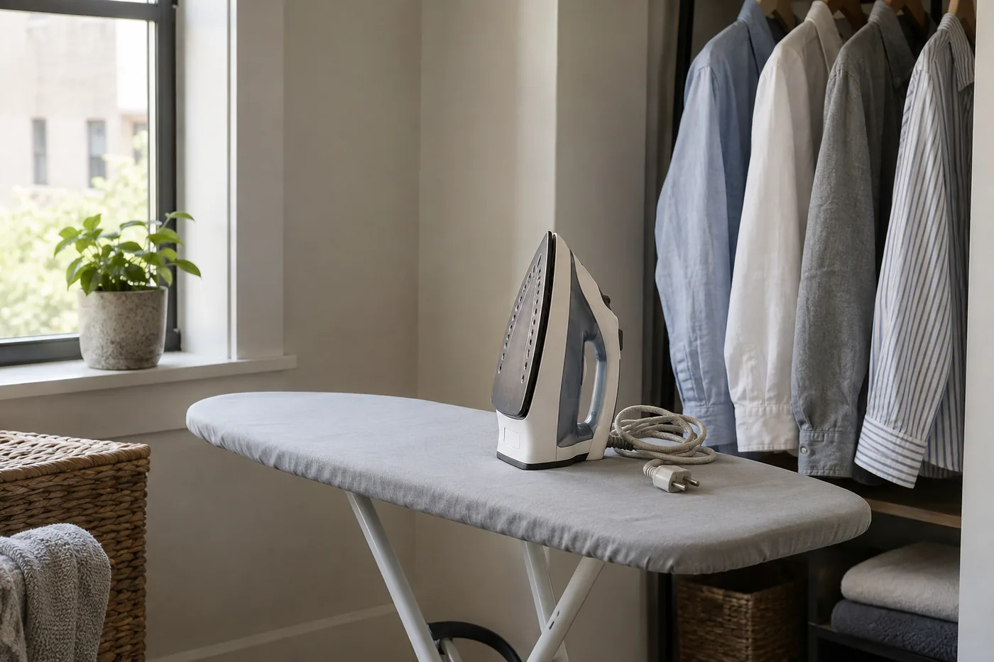 A compact ironing board beside hanging shirts in an American apartment laundry nook