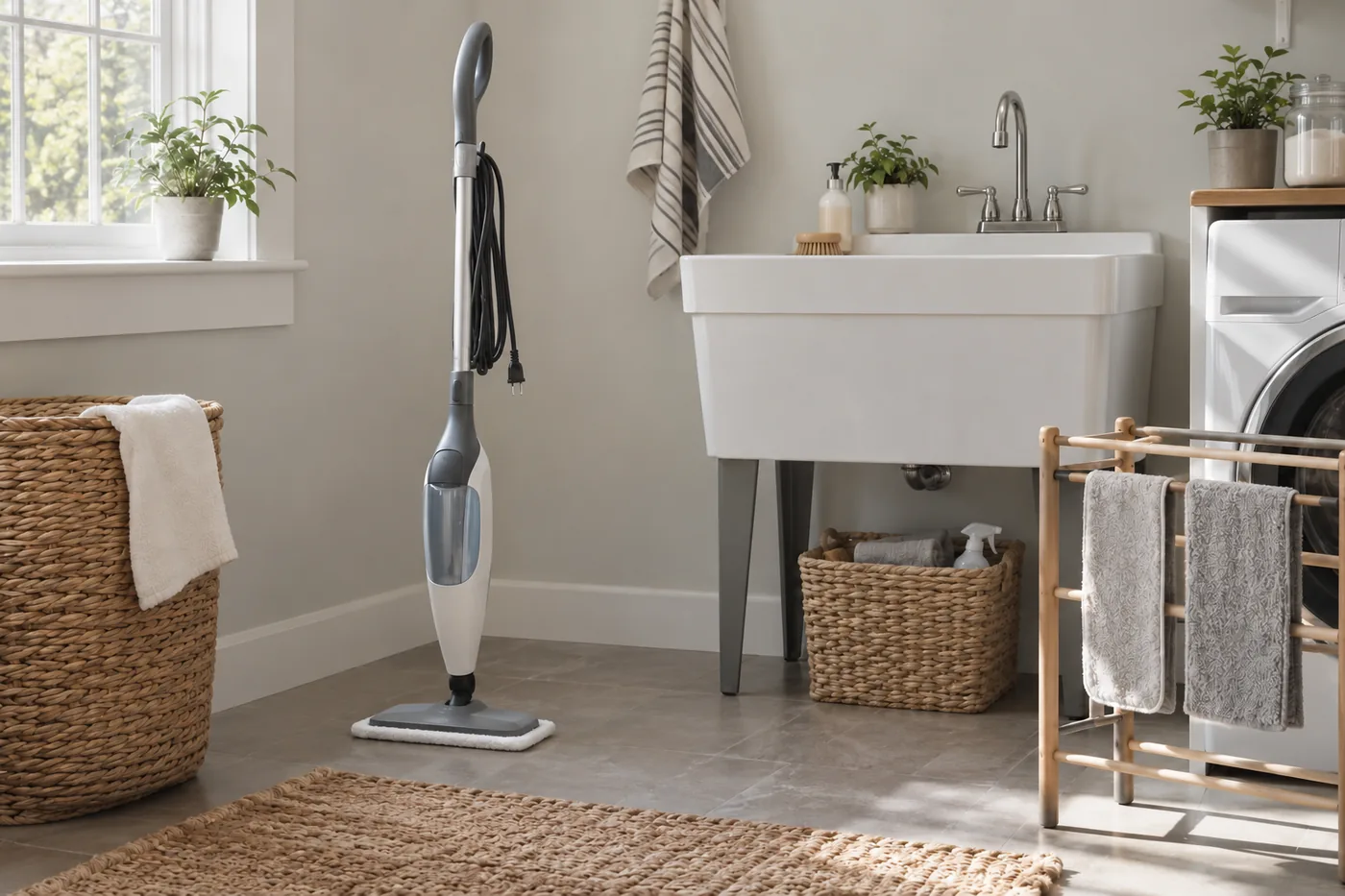 An unplugged generic steam mop beside a utility sink, with clean microfiber pads drying on a rack in an American laundry room