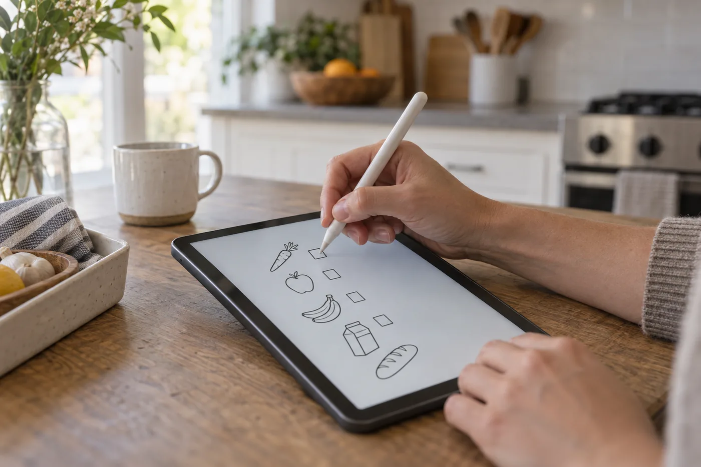 A hand writing a grocery checklist on a tablet at a kitchen table, with space to rest the palm beside the pen