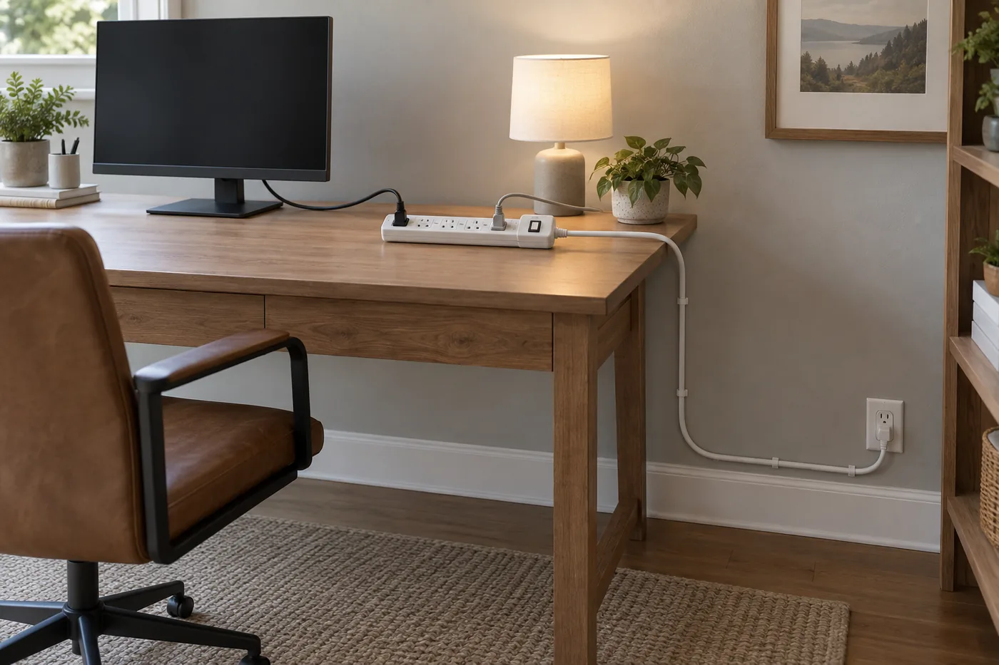 A home office desk with an accessible unbranded power strip and a cord routed along the wall away from the walkway