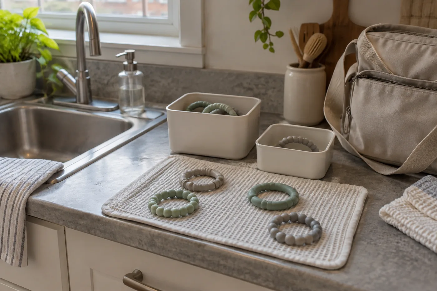 Generic silicone teethers drying beside a kitchen sink, with separate clean and used containers on an apartment counter
