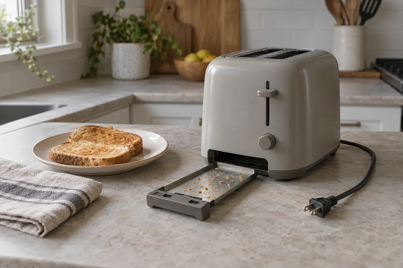An unplugged generic toaster on an open kitchen counter, with its crumb tray pulled out beside a breakfast plate