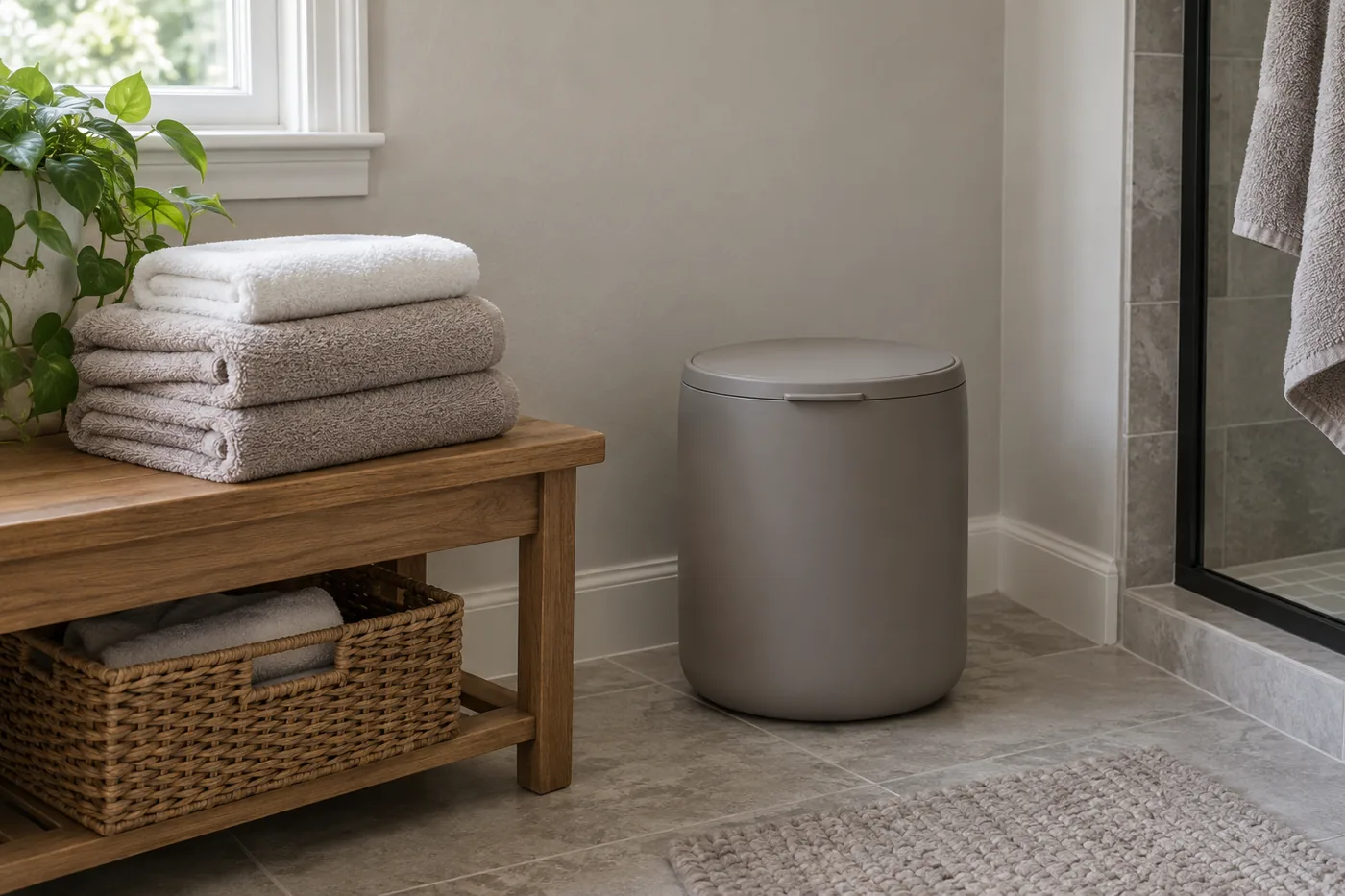 Dry folded towels beside a generic towel-warmer bucket in an uncluttered American bathroom