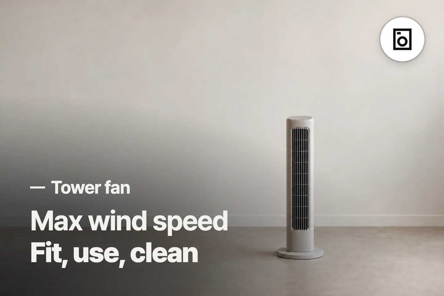 Max wind speed Fit, use, clean — Tower fan (photo is an AI-generated illustration)