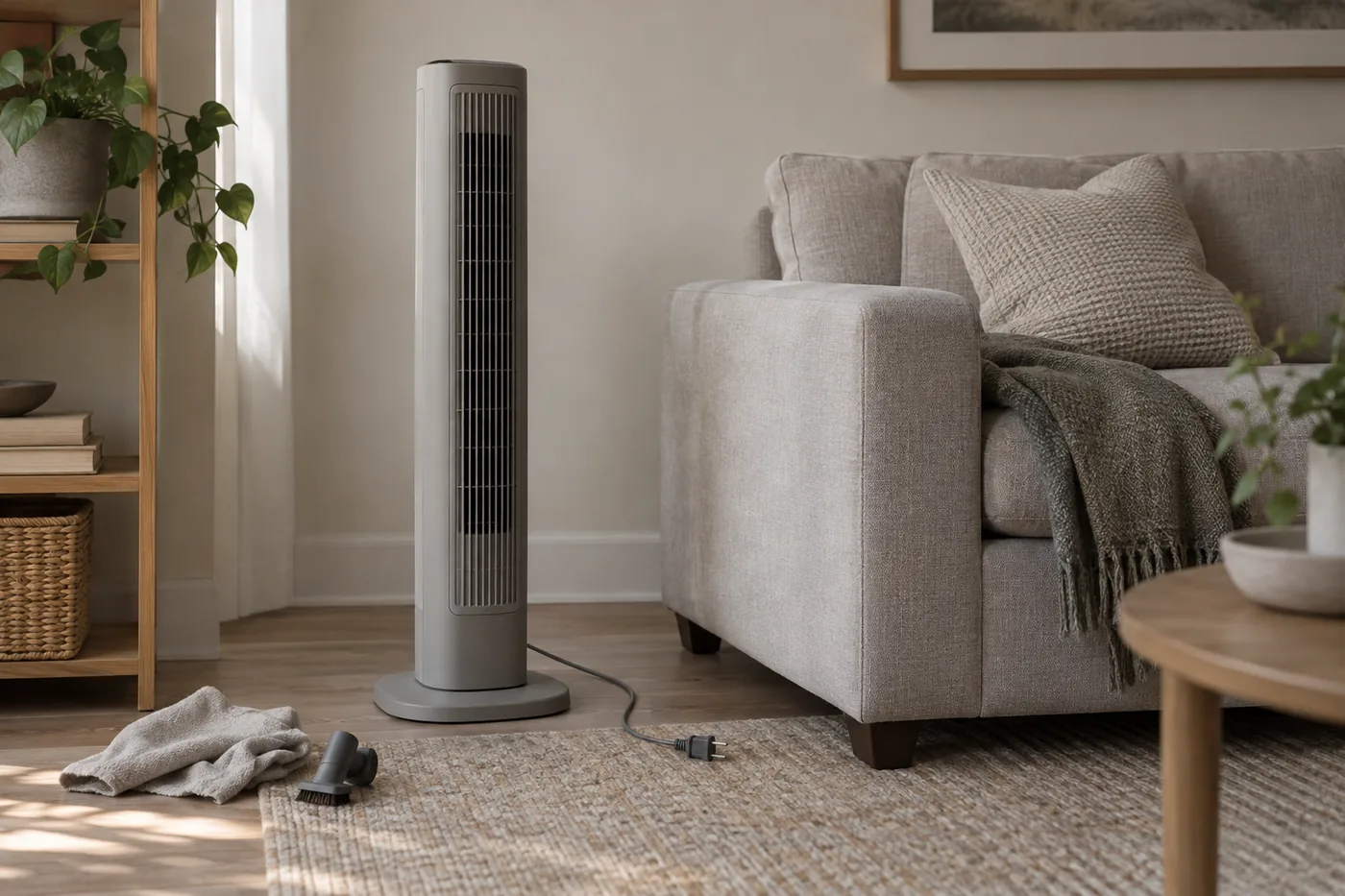 An unplugged generic tower fan beside a sofa, with a dry cloth and vacuum brush ready for cleaning