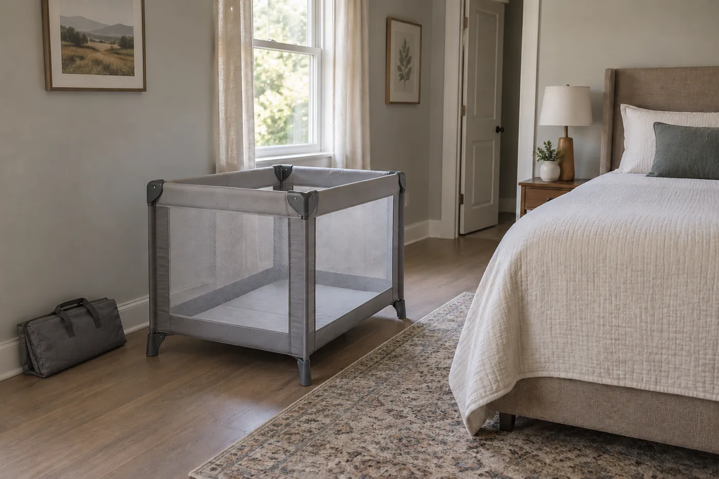 An empty portable baby playard beside a guest bed, with a clear walking path and a folded carry bag nearby