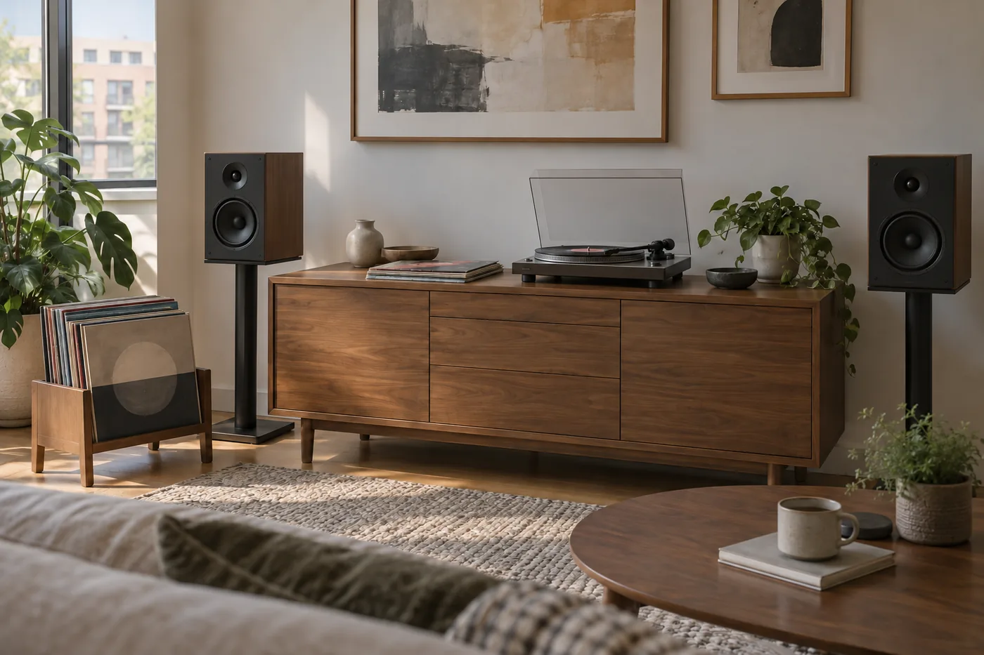 A generic turntable on a level living-room console with separate speakers on nearby stands and clear space for changing records