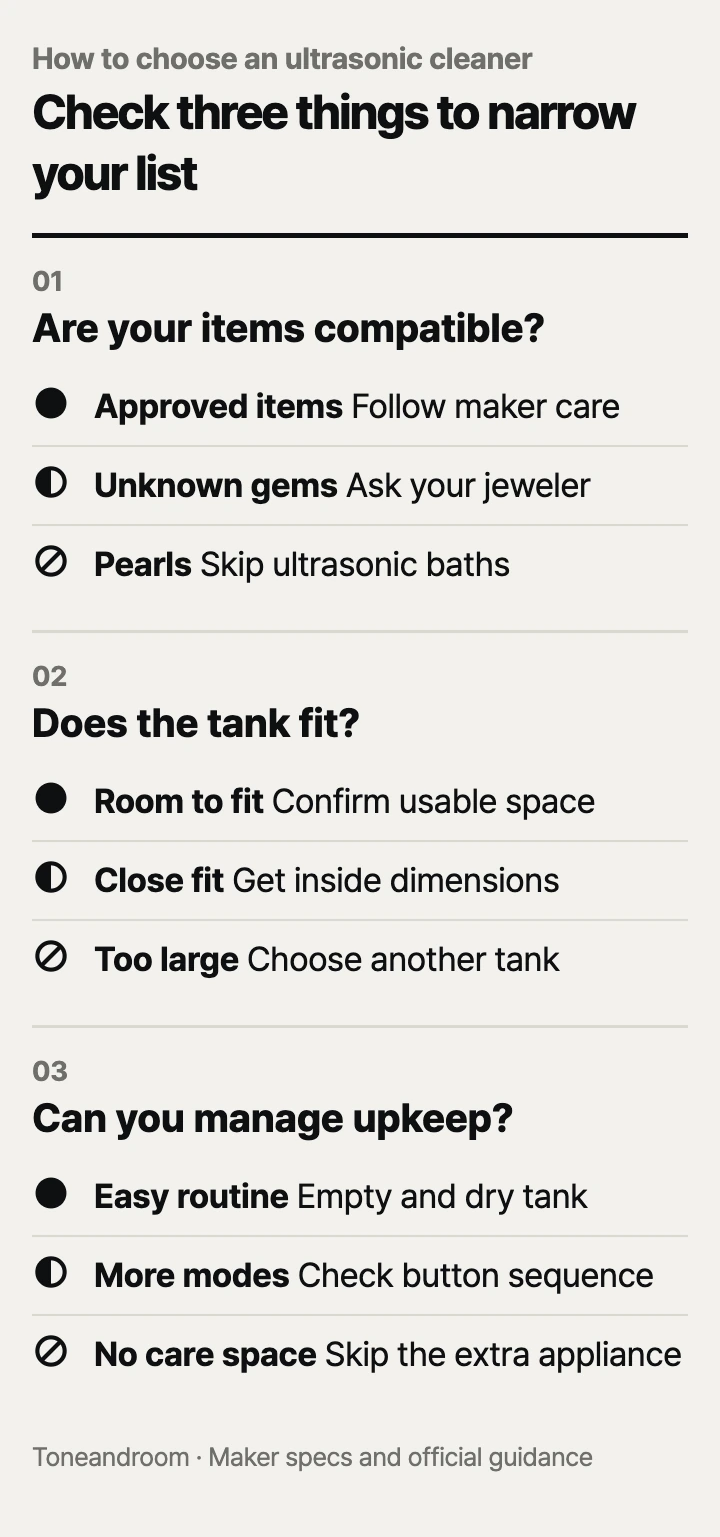 How to choose an ultrasonic cleaner: material compatibility, tank fit, daily upkeep