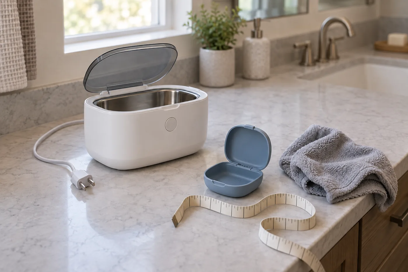 An unplugged ultrasonic cleaner on a dry bathroom vanity, with a retainer case, measuring tape, and soft cloth nearby