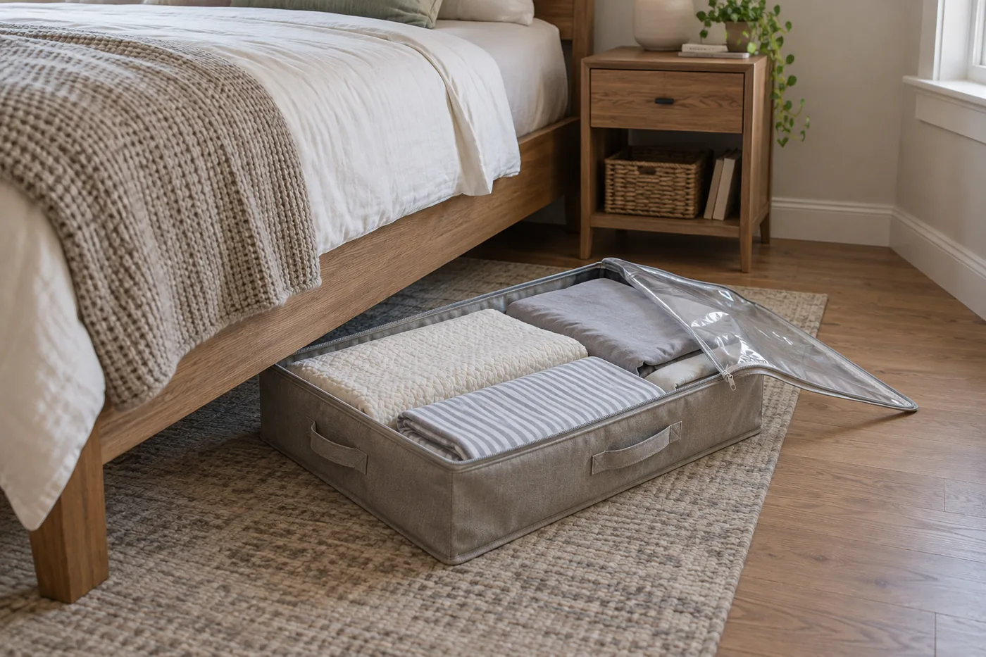 A fabric storage bag pulled fully into the aisle beside a bed, with its lid open and folded linens visible