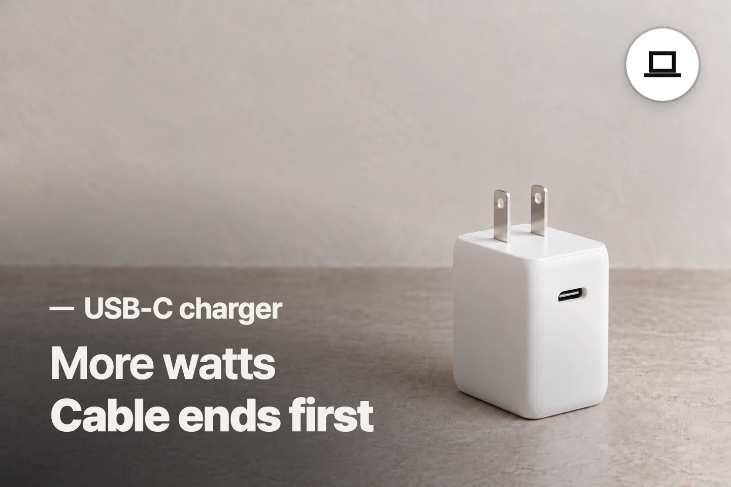 More watts Cable ends first — USB-C charger (photo is an AI-generated illustration)