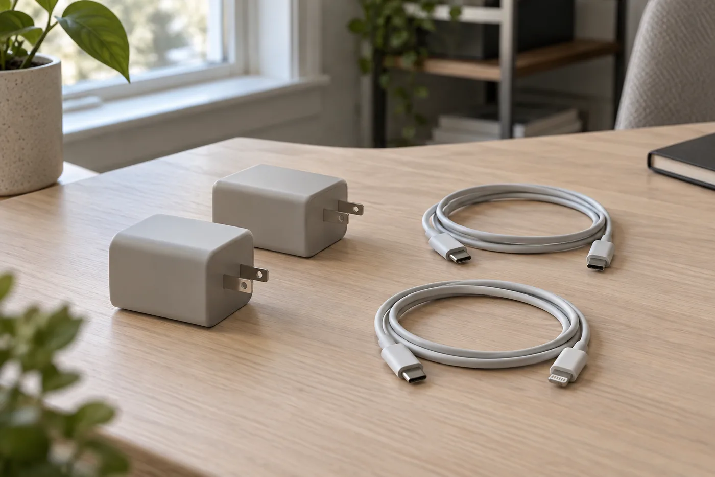 Generic wall chargers and separate USB-C and Lightning cables laid out on a home office desk