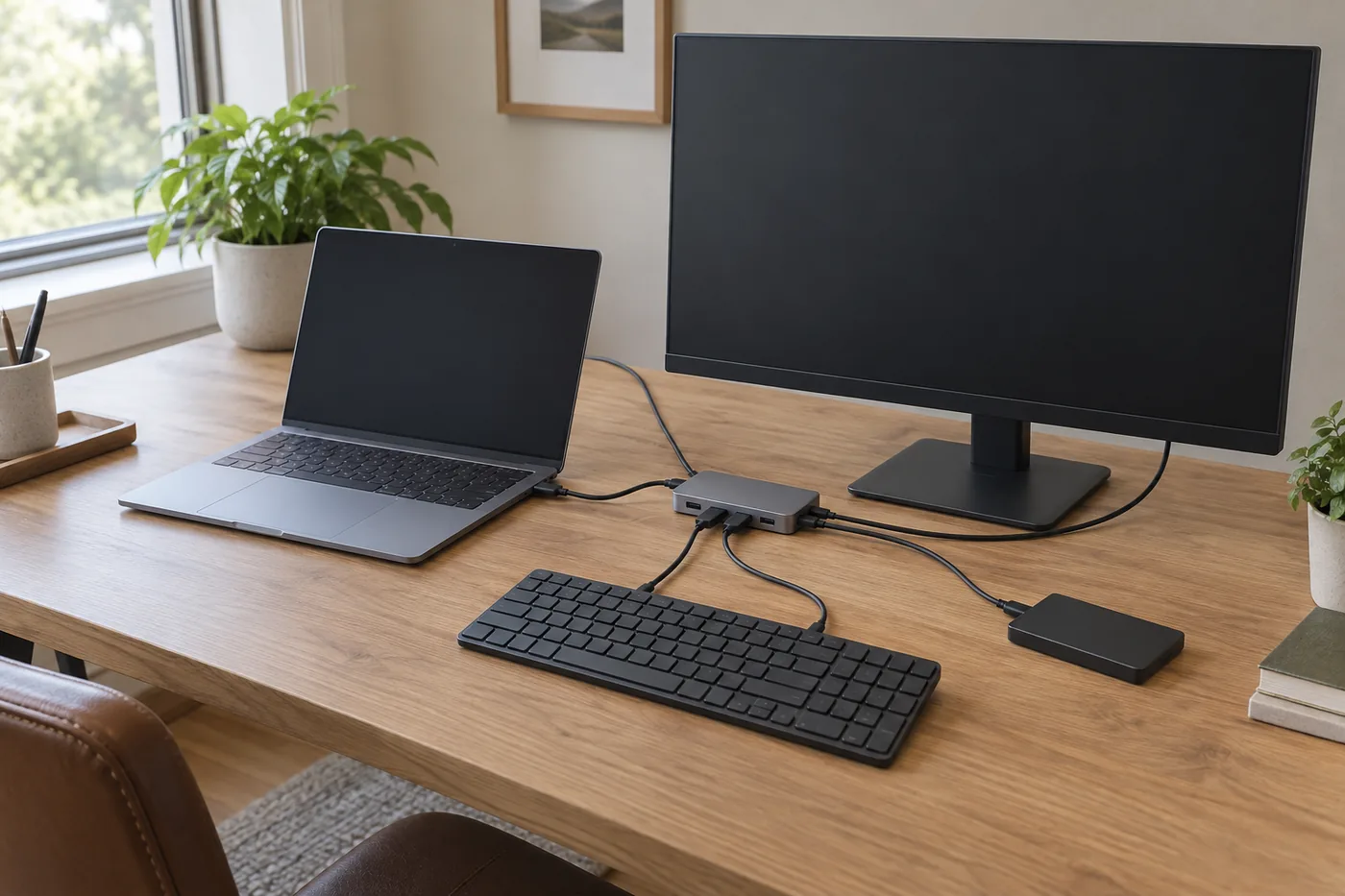 A USB-C hub on a small home office desk connecting a laptop, HDMI monitor, keyboard, and external drive, with the charging cable routed behind the desk