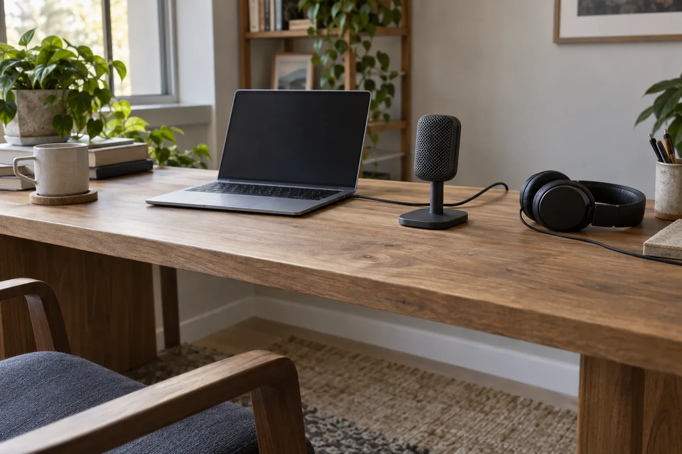 A small American home office with a generic USB microphone beside a laptop, an open desk edge for a boom clamp, and headphones within reach
