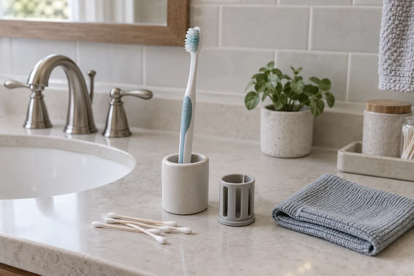Cleaning a generic toothbrush holder beside an upright brush on a small American bathroom vanity