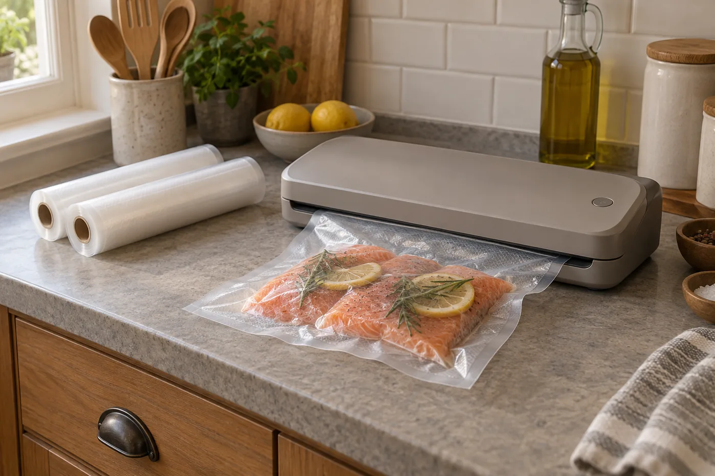 A small American kitchen counter with a generic vacuum sealer, a flat portion bag, and clear space for preparation