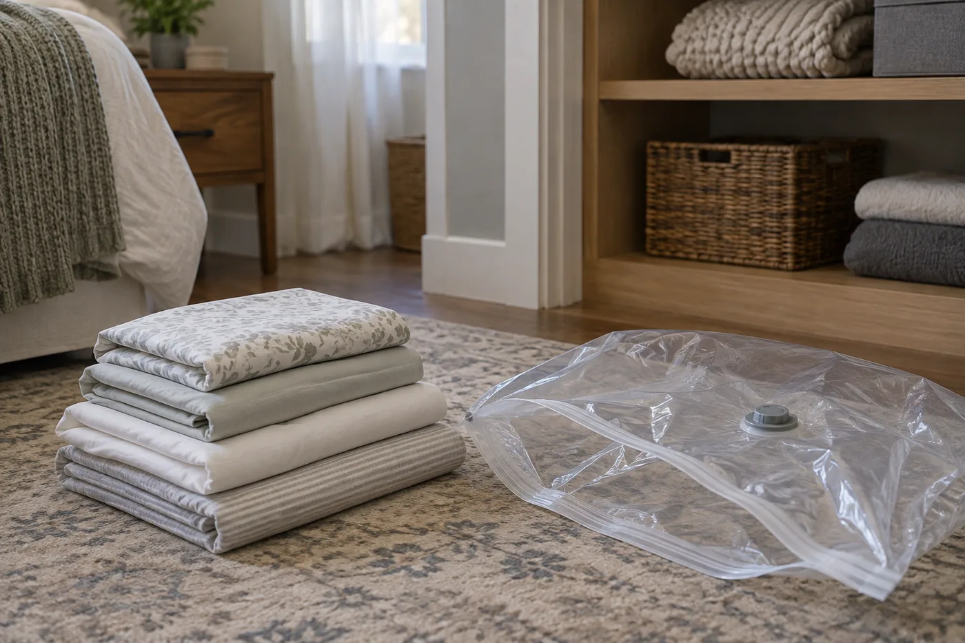 Dry folded sheets beside an open vacuum storage bag on a bedroom floor, with a clear closet shelf nearby