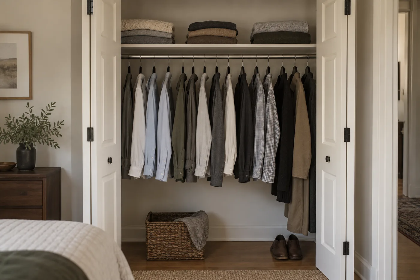 A calm American bedroom closet with adult shirts on slim velvet hangers, space to slide garments, and folded knitwear on a shelf