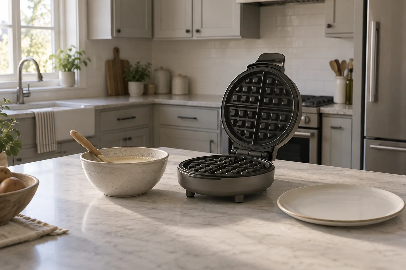 A waffle maker on an open kitchen counter with room for batter, a plate, and a nearby cabinet for storage