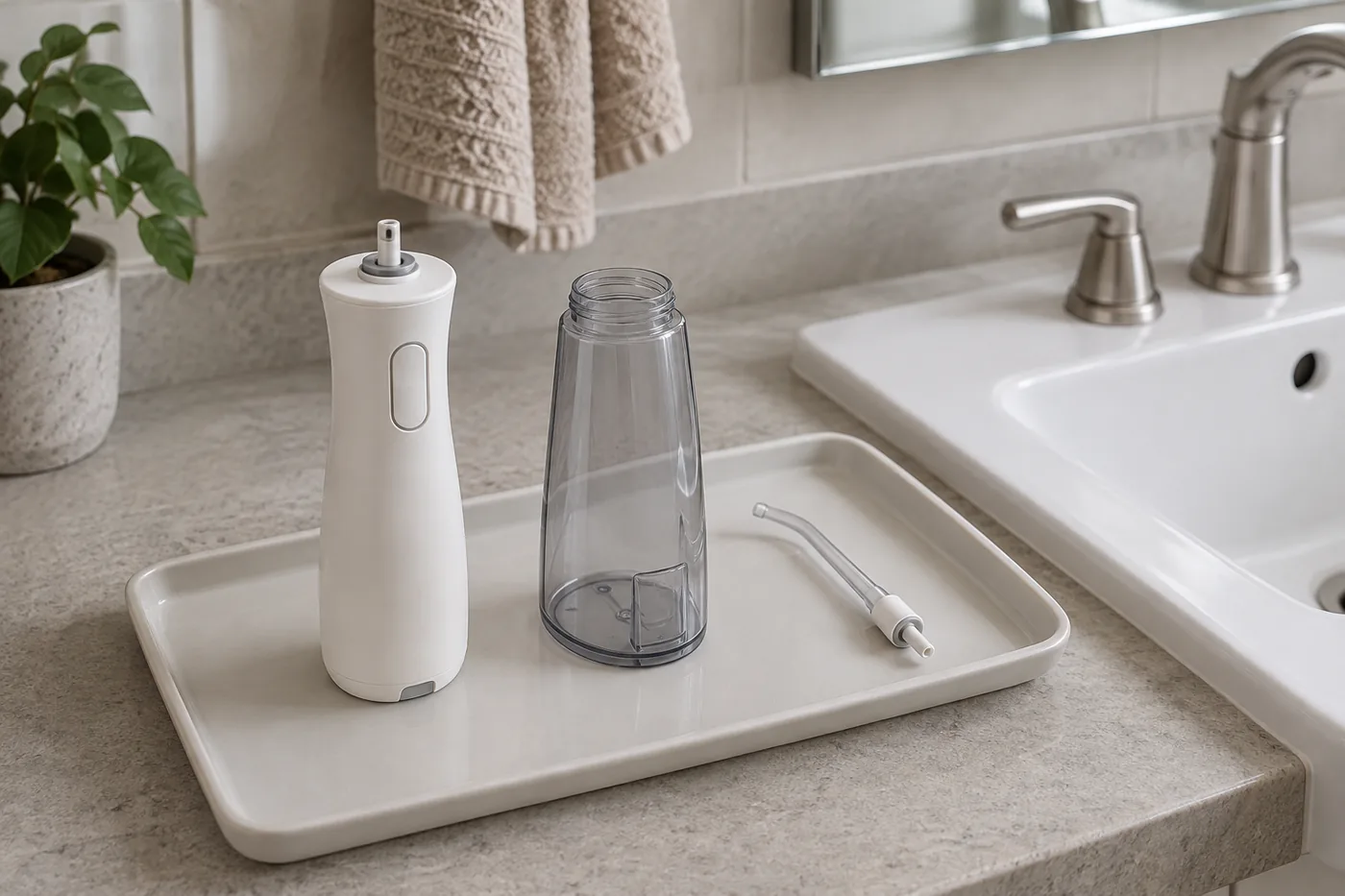 A detached water-flosser reservoir and separate tip drying beside a bathroom sink in an American home