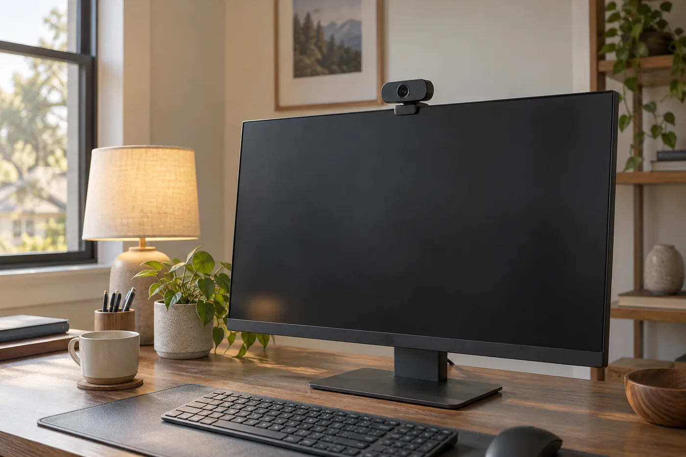 A generic webcam clipped to a monitor at a quiet home desk with a lamp beside the screen