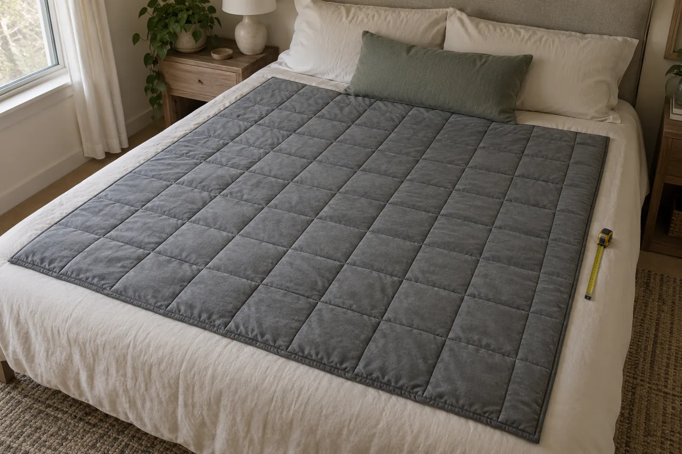 An unbranded weighted blanket laid within the edges of a bed in a calm American bedroom