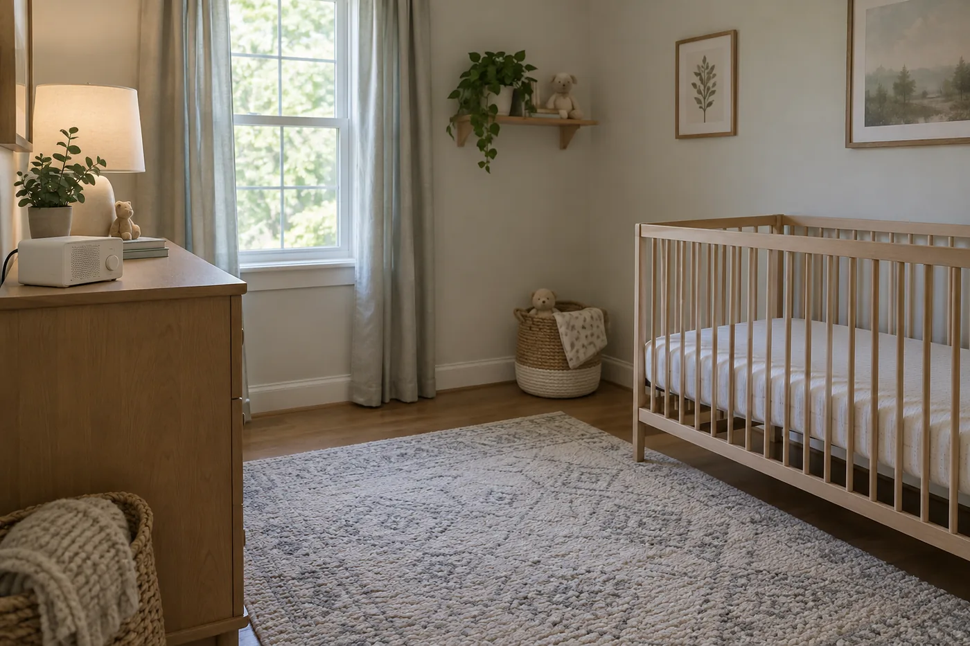 A generic sound machine on a dresser across an empty American nursery, with its power cord routed behind the furniture