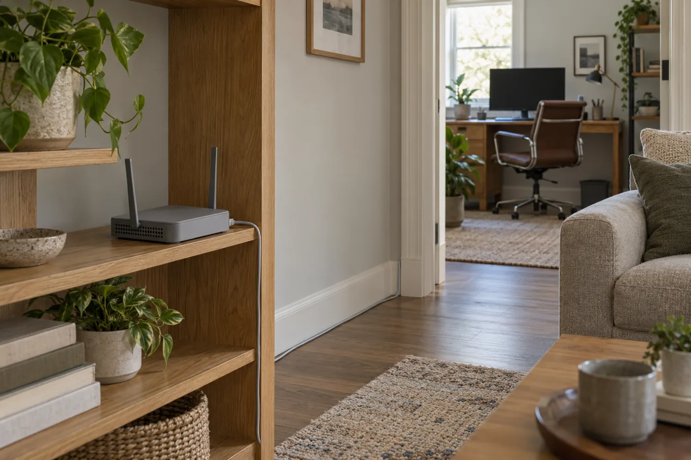 An open router shelf in an American living room, with an Ethernet cable leading toward a home office