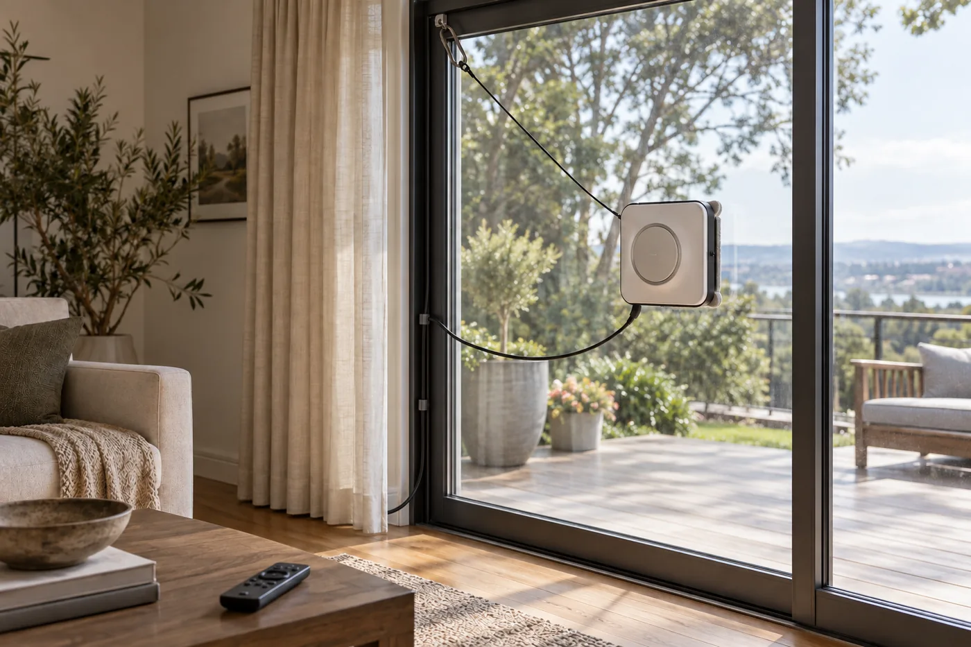 An unbranded window cleaning robot on a patio-door pane, with its cable routed beside the frame and a remote on a nearby table in an American living room