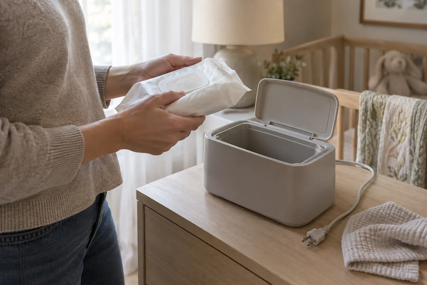 An adult checking a soft wipe pack beside an unplugged, unbranded warmer at a nursery changing station