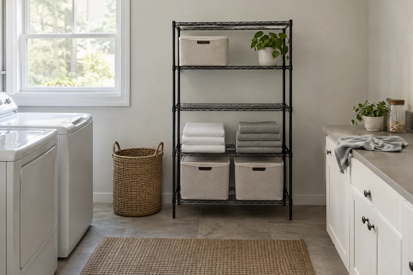 A wire shelving unit in an American laundry nook with broad-base bins and a dry cloth beside an unloaded shelf