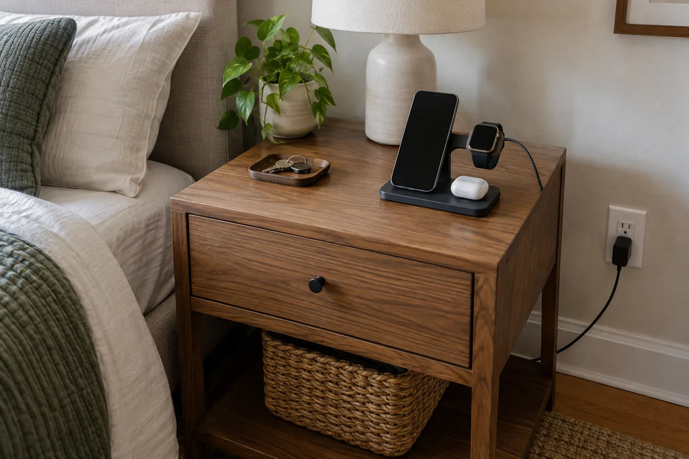 A wireless charging station on a clear wooden nightstand with a phone, watch, and earbud case, its cable running toward a nearby outlet