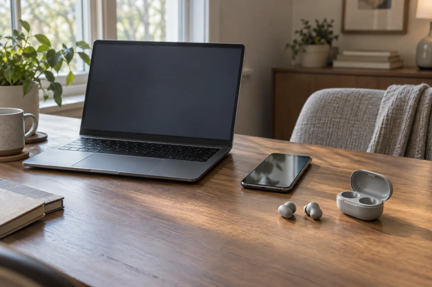 A home desk with a laptop, a phone, and generic earbuds beside an open charging case