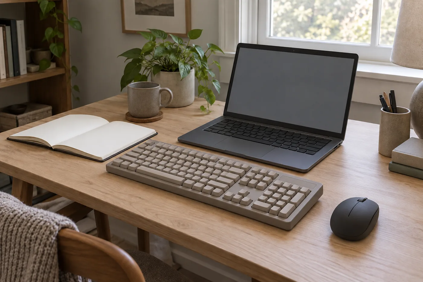 A generic wireless keyboard and mouse on a small home desk with room beside a laptop