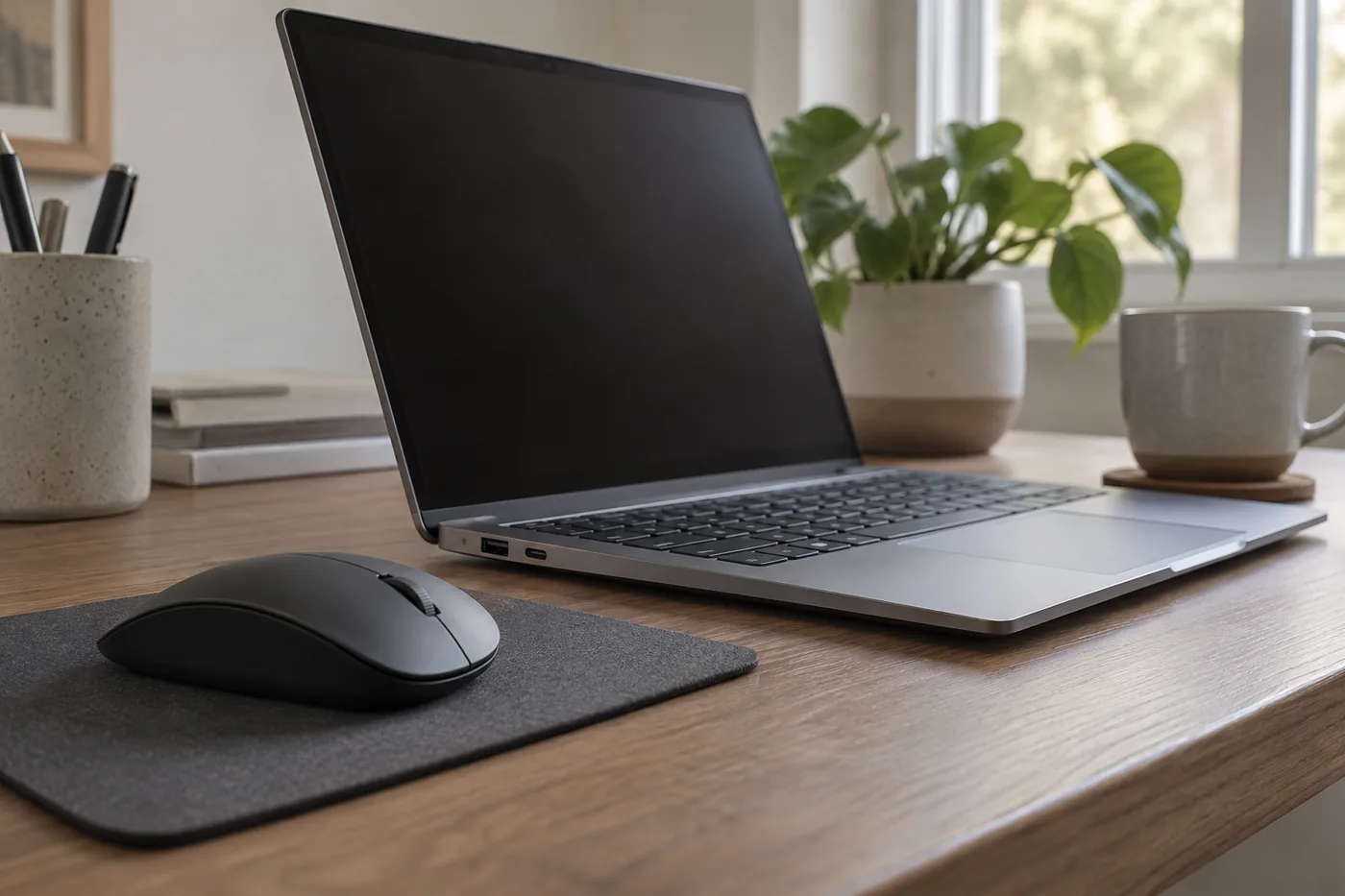 A small home desk with a generic mouse, a mouse pad, and clearly separated laptop ports