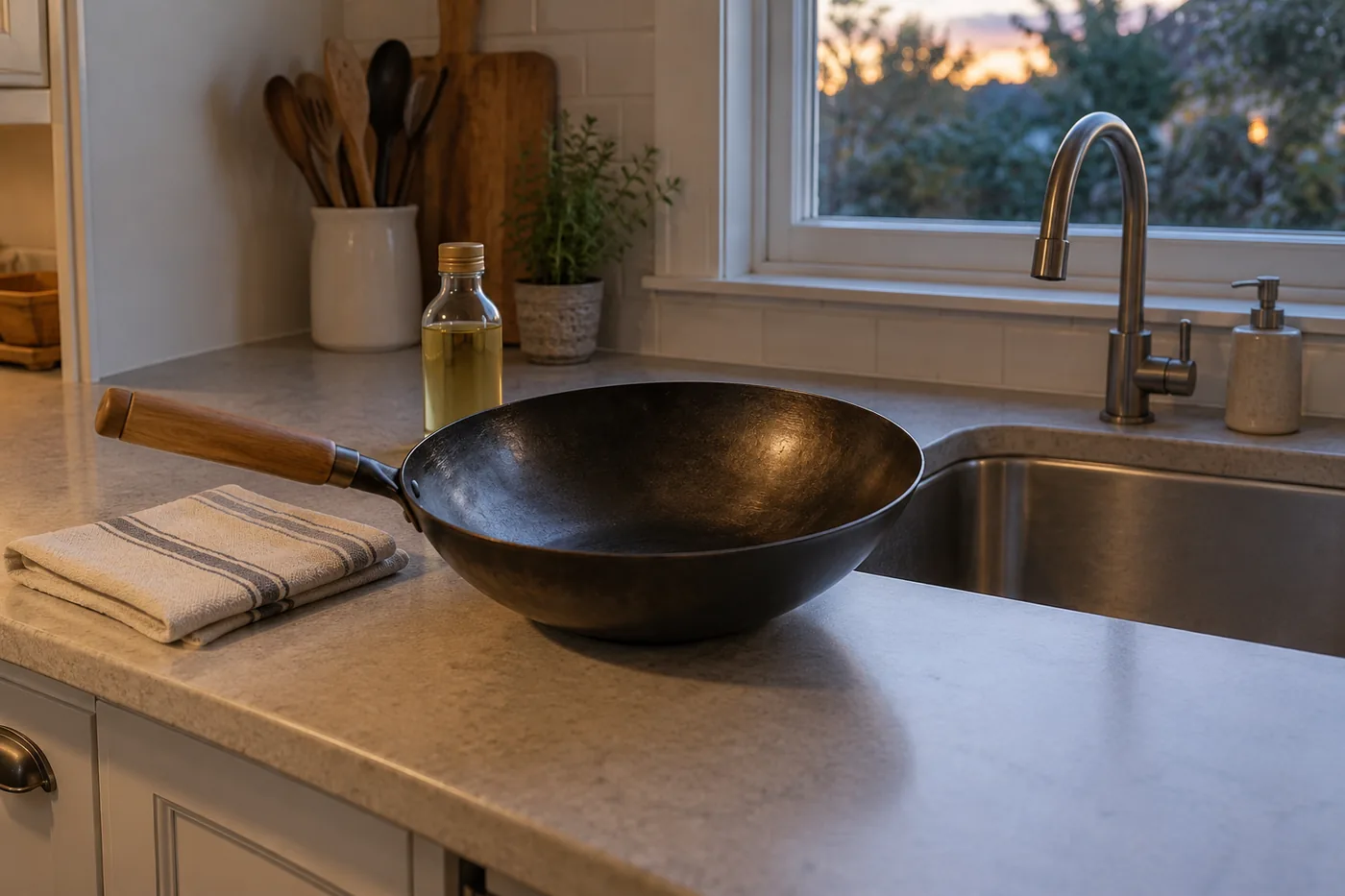 A carbon steel wok beside a dry towel and cooking oil near the sink in a compact American kitchen