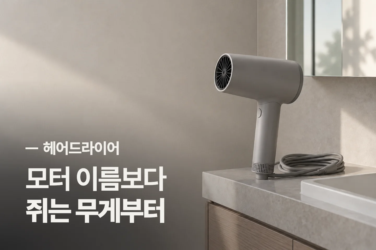 모터 이름보다 쥐는 무게부터 — 헤어드라이어 썸네일 (사진은 AI로 만든 이해용 이미지)
