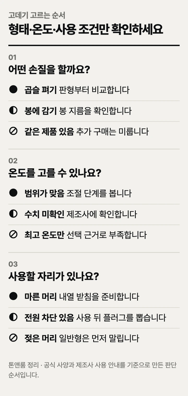 고데기 고르는 순서: 형태, 온도 조절, 사용 조건