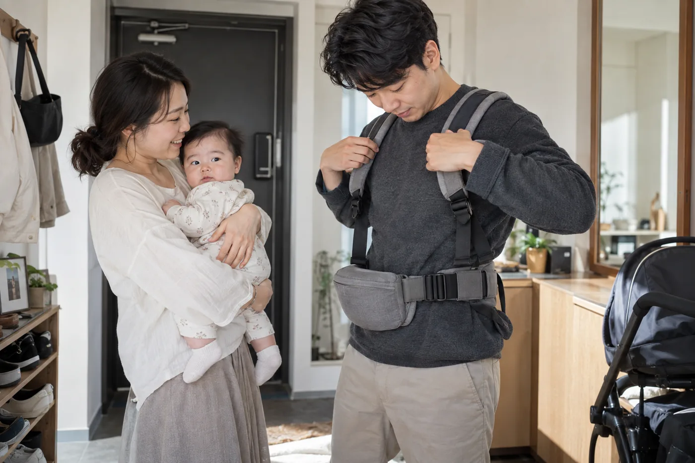 현관에서 외출 준비 중 힙시트의 어깨끈과 허리띠를 확인하는 보호자
