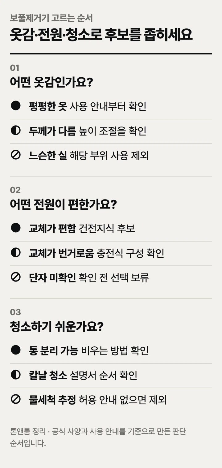 보풀제거기 고르는 순서: 옷감, 전원, 청소
