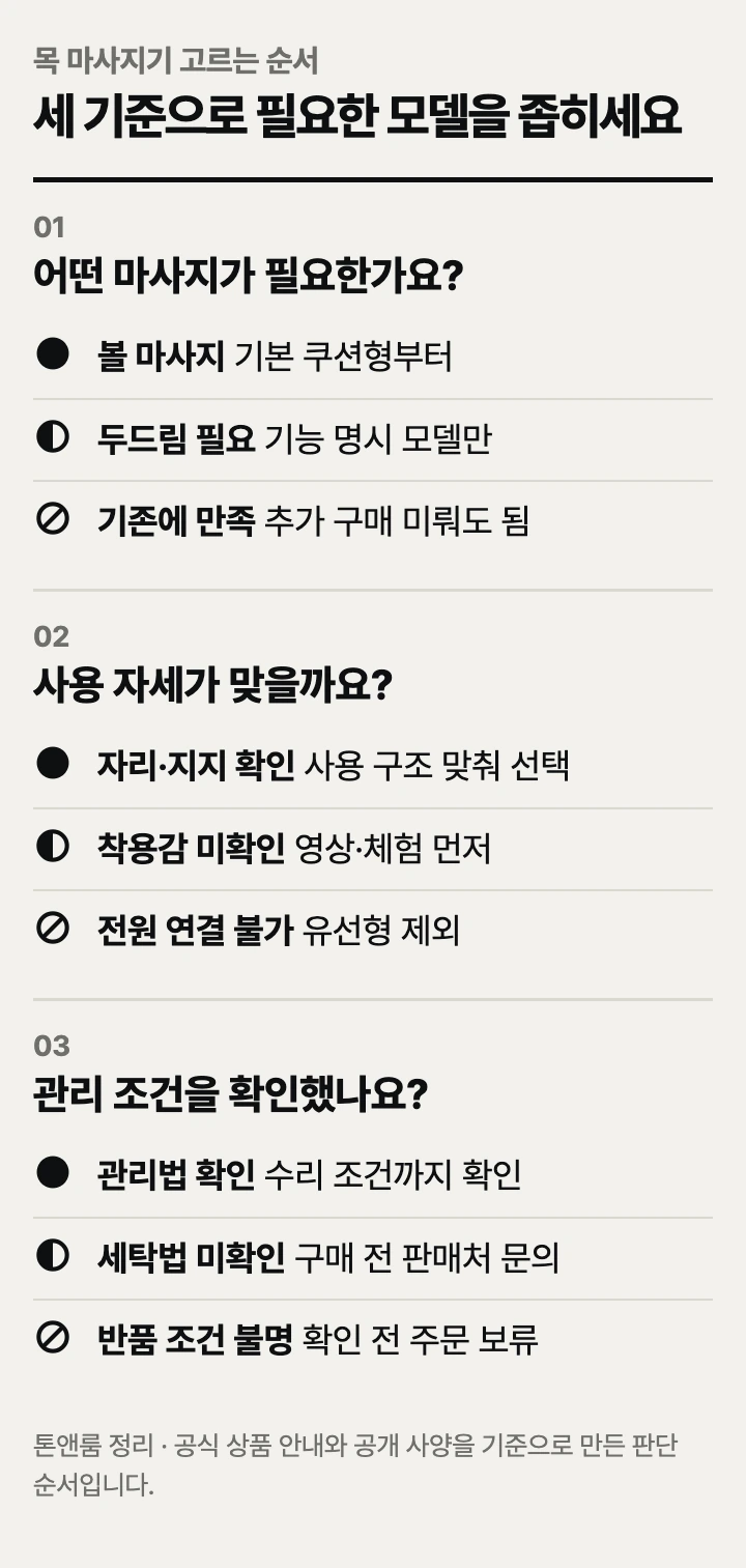 목 마사지기 고르는 순서: 마사지 방식, 사용 자세, 관리 조건