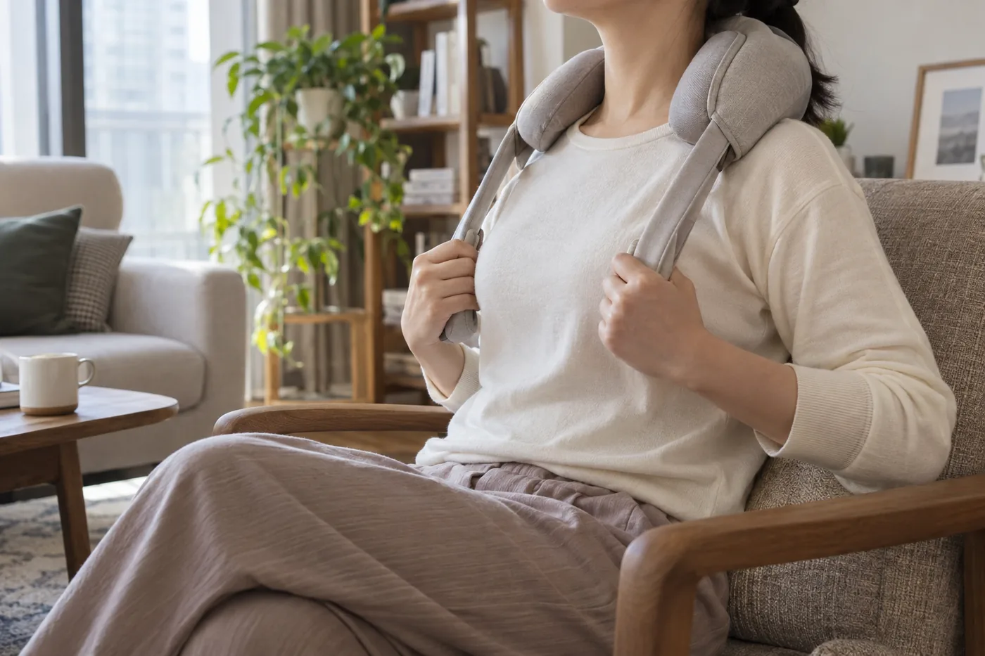 의자에 앉아 목 마사지기의 접촉 위치와 팔의 자세를 살펴보는 장면
