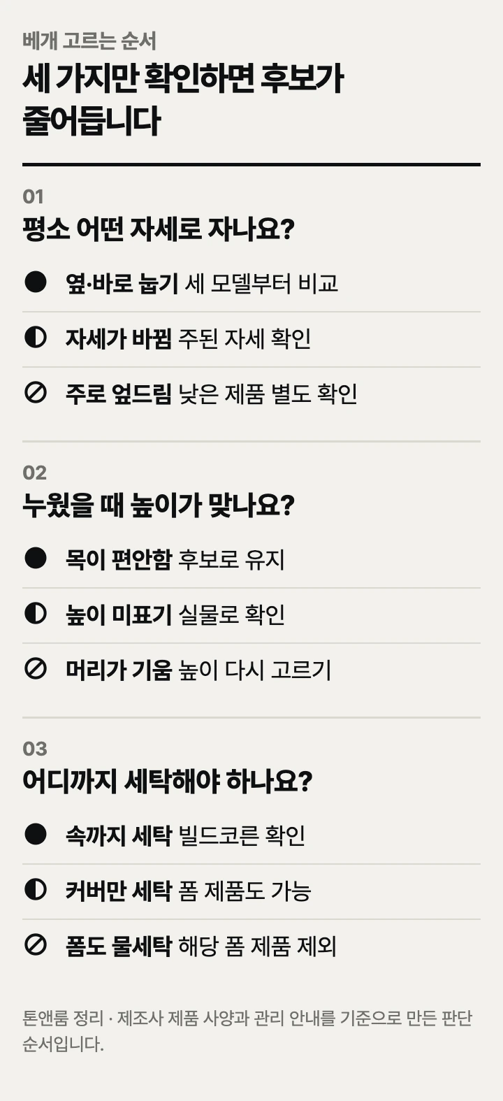 베개 고르는 순서: 수면 자세, 높이, 세탁 범위