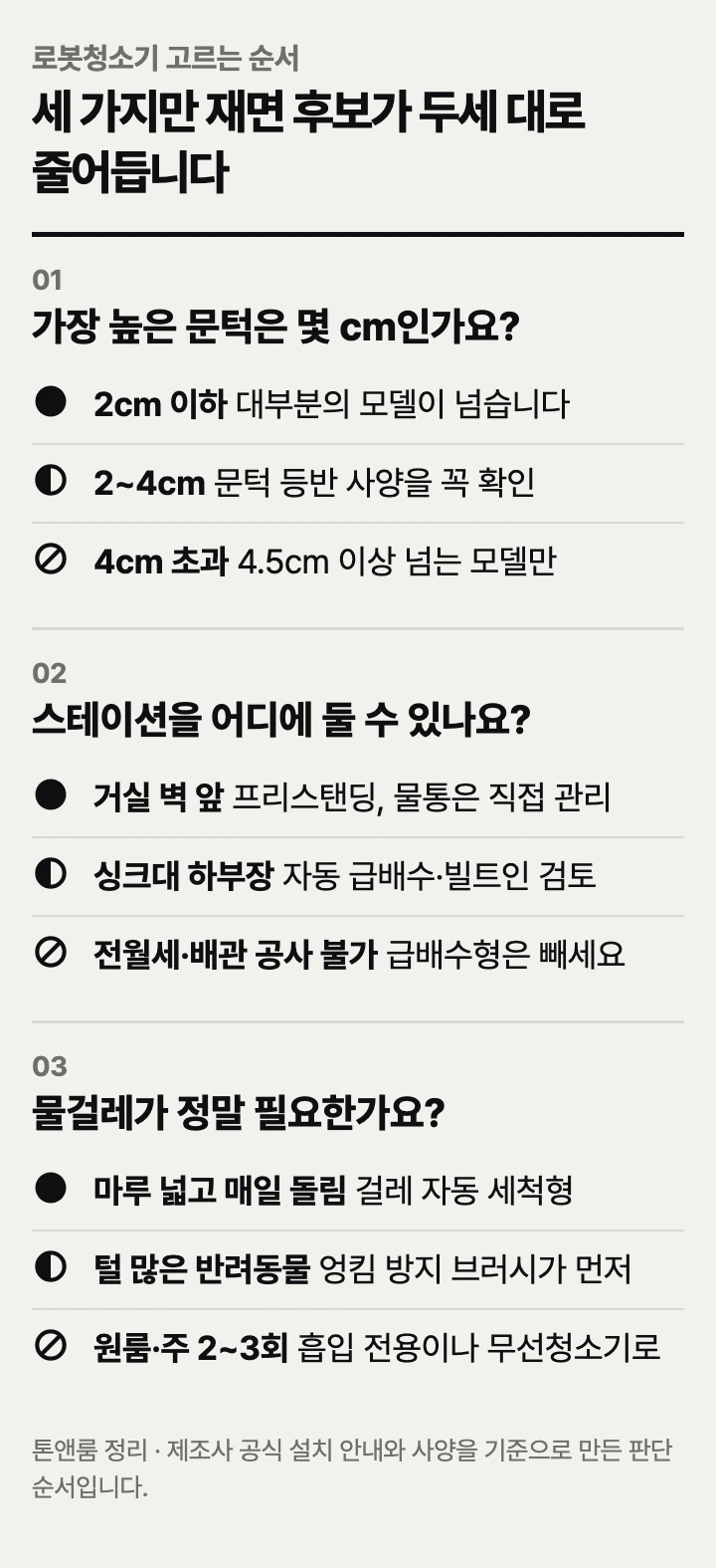 로봇청소기 고르는 순서: 문턱 높이, 스테이션 자리, 물걸레 필요성