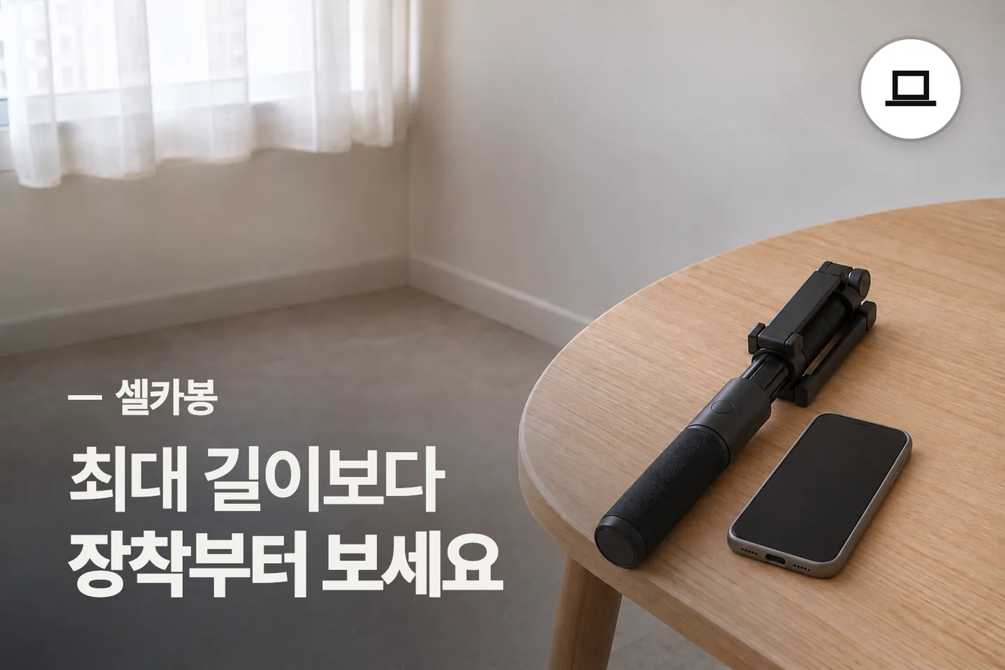 최대 길이보다 장착부터 보세요 — 셀카봉 썸네일 (사진은 AI로 만든 이해용 이미지)