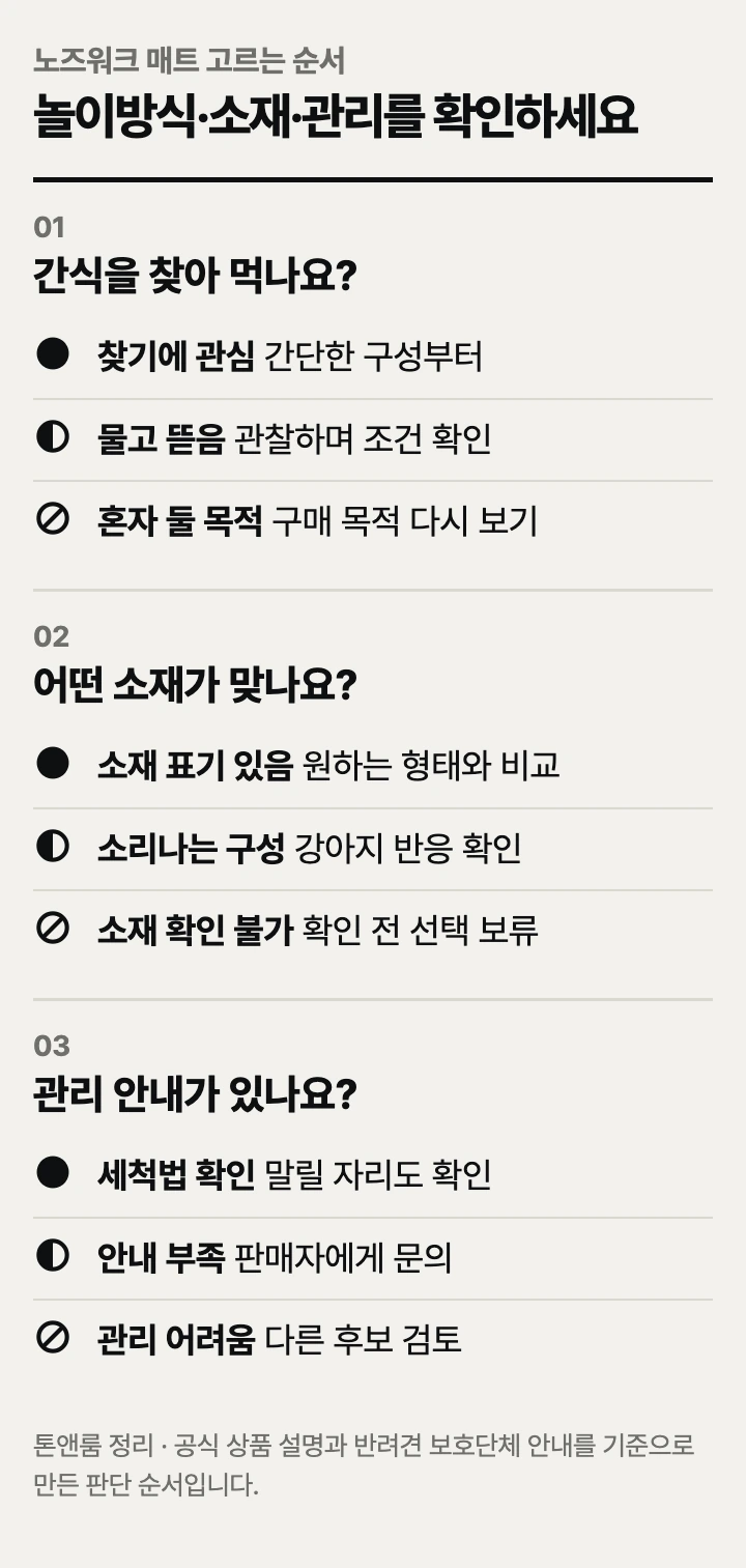 노즈워크 매트 고르는 순서: 놀이방식, 소재, 관리